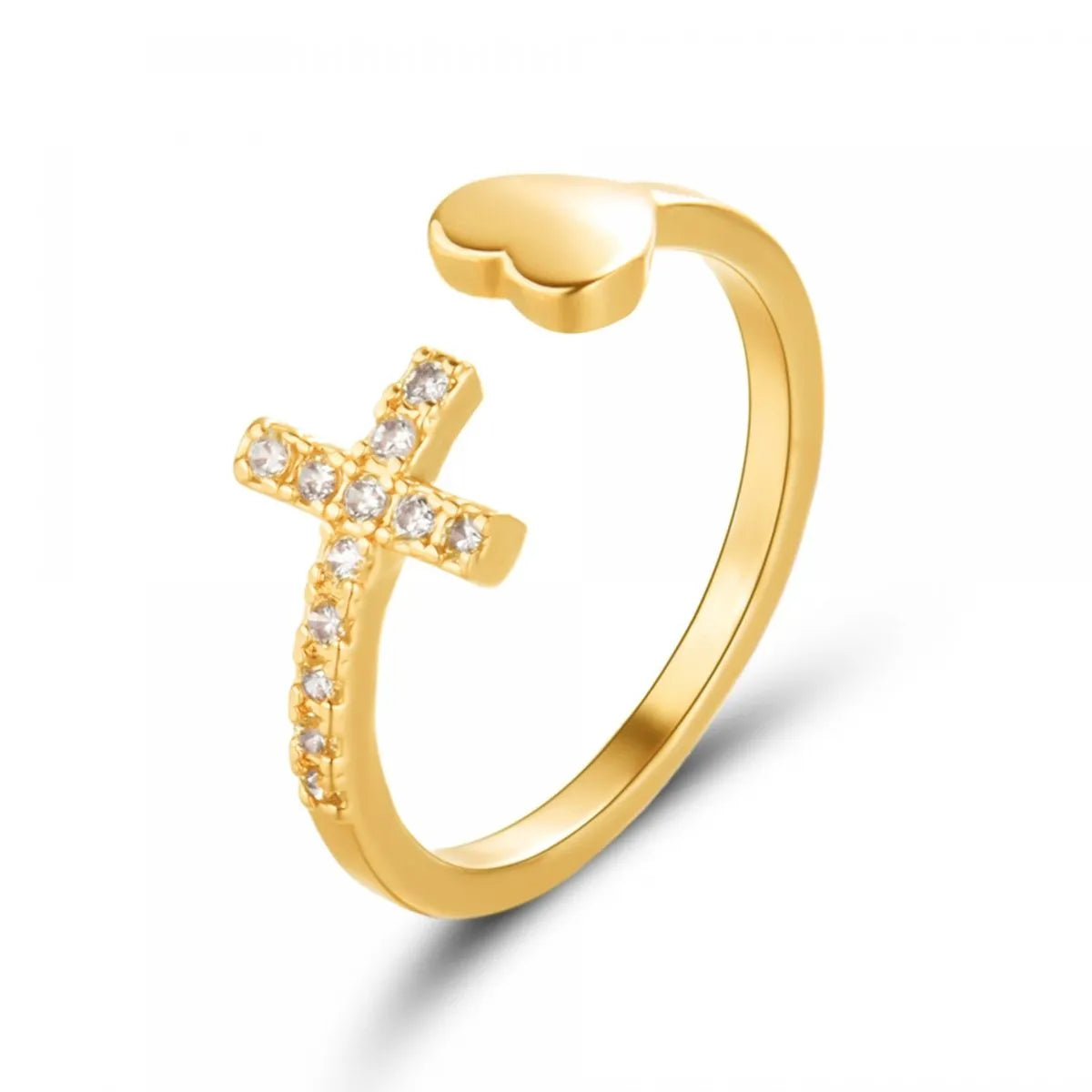 Gold, Silver, and Rose Gold Cross and Heart Open Ring with Diamond-like Sparkling Zircon