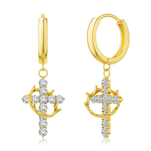 Fashionable Gold Crown Cross Pendant Earrings for Women with Diamond-like Sparkling Zircon
