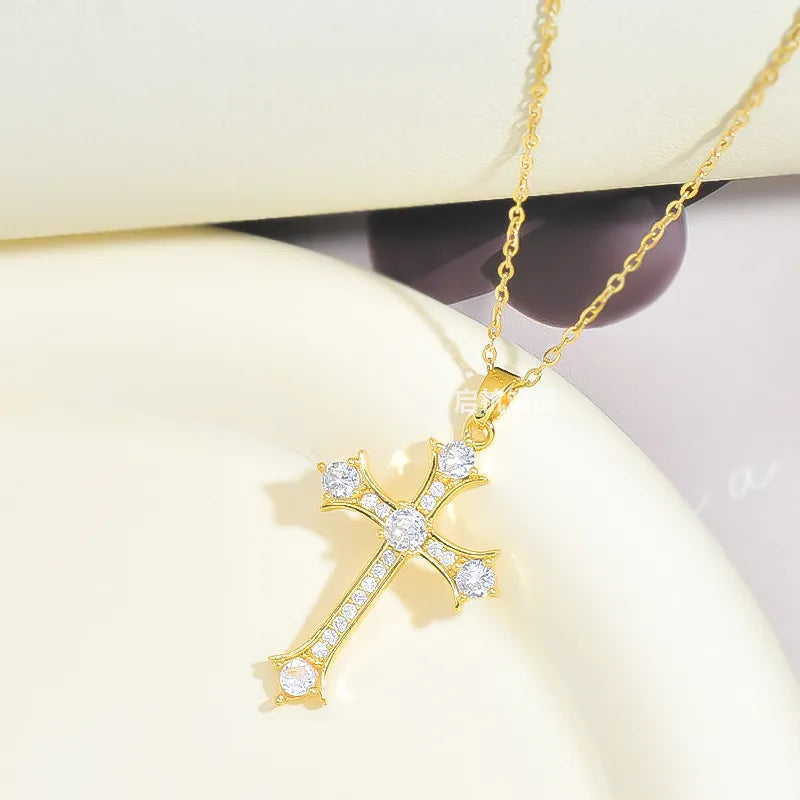 Gold Cross Pendant Necklace with Diamond-like Sparkling Zircon