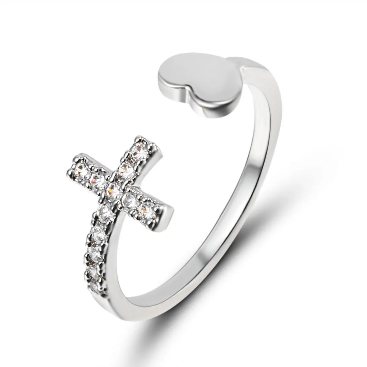 Gold, Silver, and Rose Gold Cross and Heart Open Ring with Diamond-like Sparkling Zircon