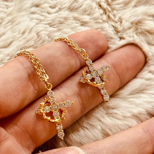 Gold and White Cross Rotating Crown Pendant Necklace with Full Diamond-Zircon Design