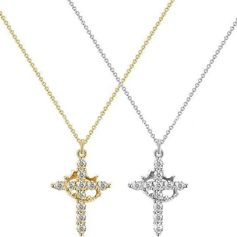 Gold and White Cross Rotating Crown Pendant Necklace with Full Diamond-Zircon Design