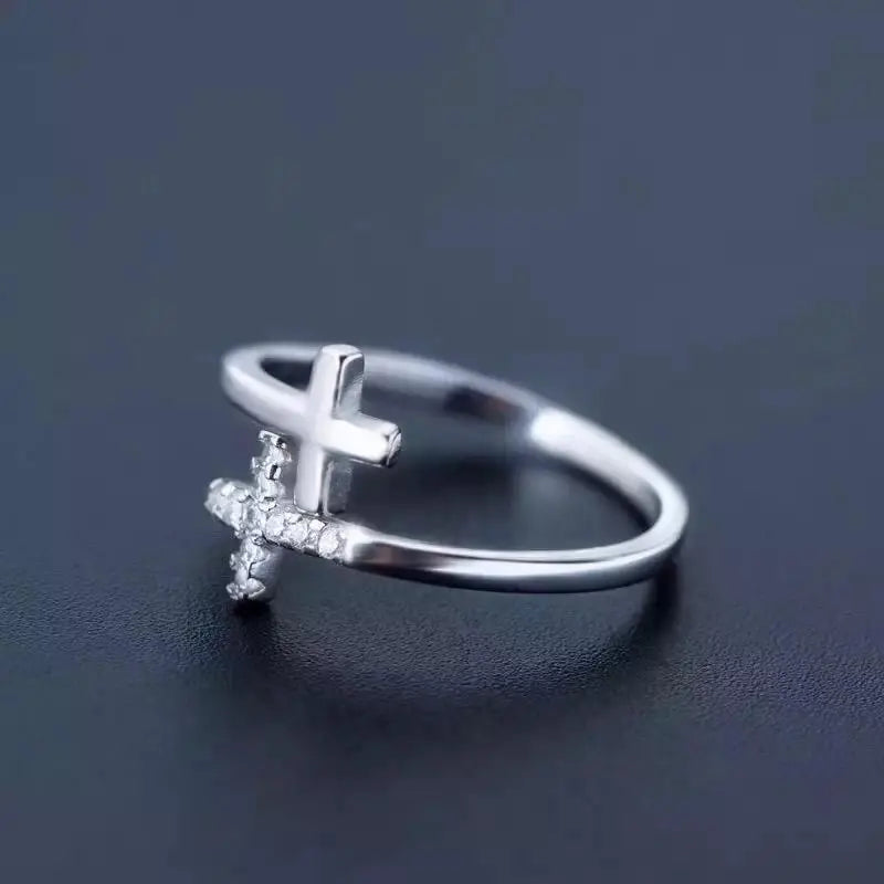 Silver Double Cross Fashion Open Ring with Diamond-like Sparkling Zircon