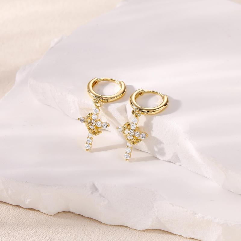 Fashionable Gold Crown Cross Pendant Earrings for Women with Diamond-like Sparkling Zircon