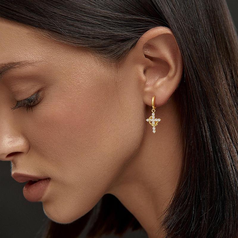 Fashionable Gold Crown Cross Pendant Earrings for Women with Diamond-like Sparkling Zircon