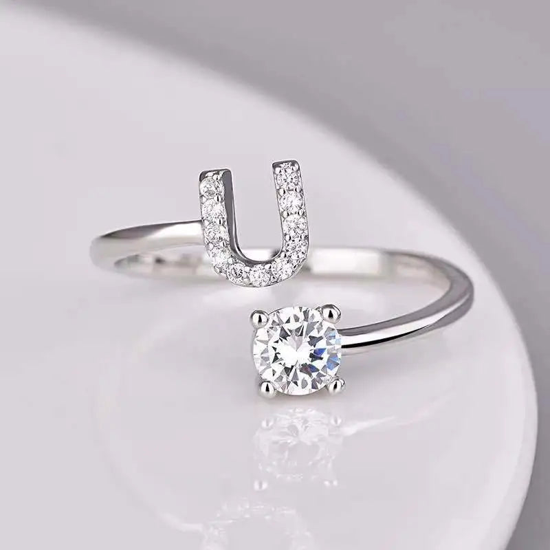 26 Letters Silver Fashionable Couple's Open Ring with Zircon