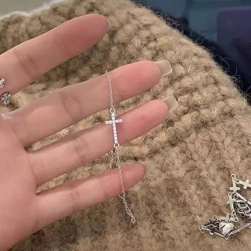 Silver Cross Bracelet with Diamond-like Zircon Stones
