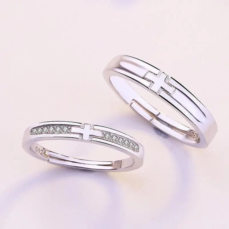 Silver Cross Minimalist Fashion Couple Ring with Diamond-like Sparkling Zircon