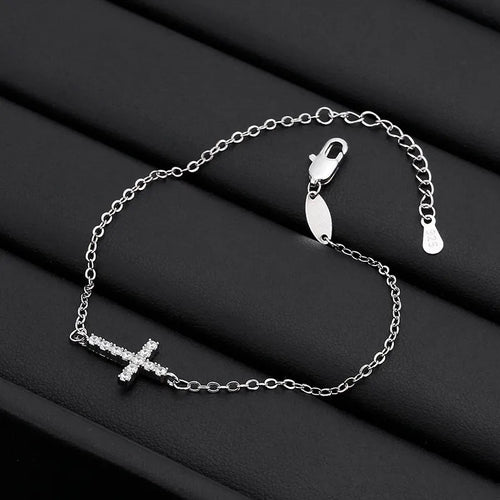 Silver Cross Bracelet with Diamond-like Zircon Stones