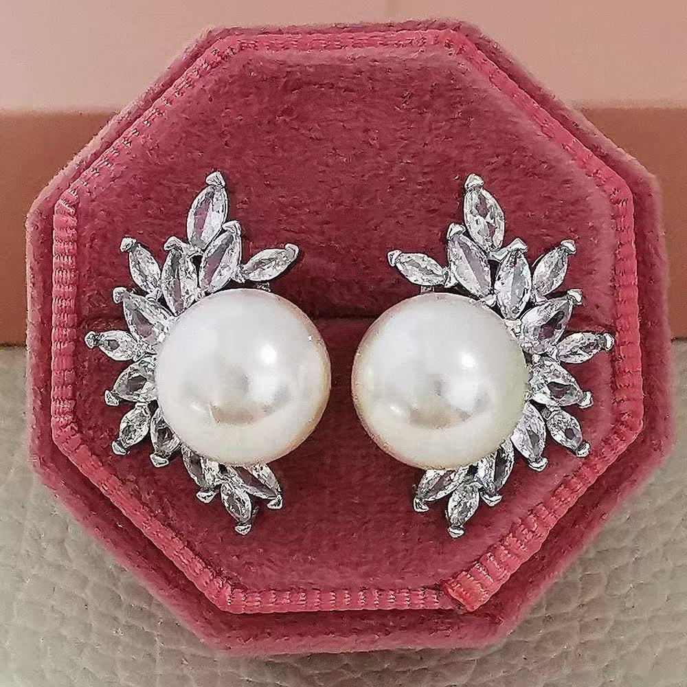 Silver 6mm Round Pearl Versatile Leaf Design Earrings with Diamond-like Sparkling Zircon