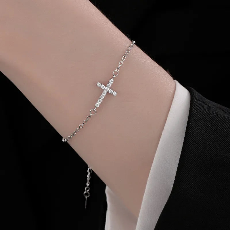 Silver Cross Bracelet with Diamond-like Zircon Stones