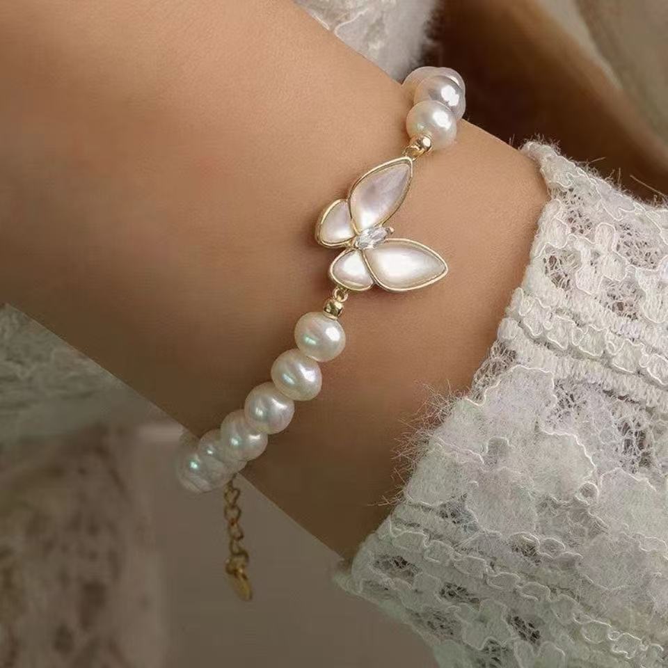Elegant Mother-of-Pearl Butterfly 8mm Freshwater Pearl Bracelet