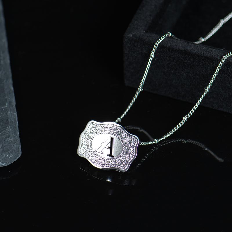 Luminacore Initial Letter Pendant Necklace with Embossed Belt Buckle, 2 Chains Included, Rhodium-Plated, Tarnish-Resistant, 18" Extender Length