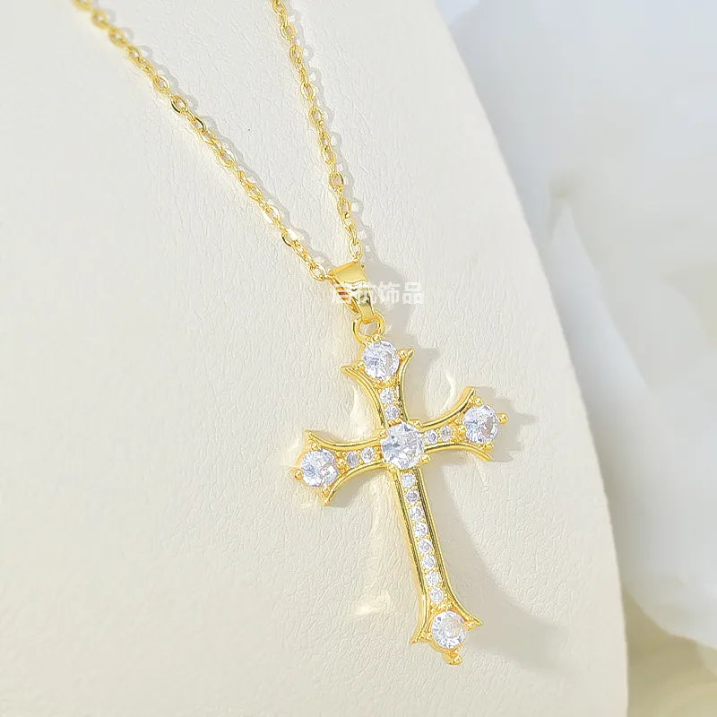 Gold Cross Pendant Necklace with Diamond-like Sparkling Zircon