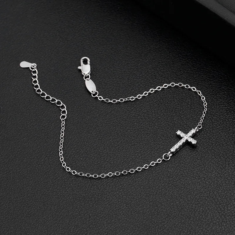 Silver Cross Bracelet with Diamond-like Zircon Stones