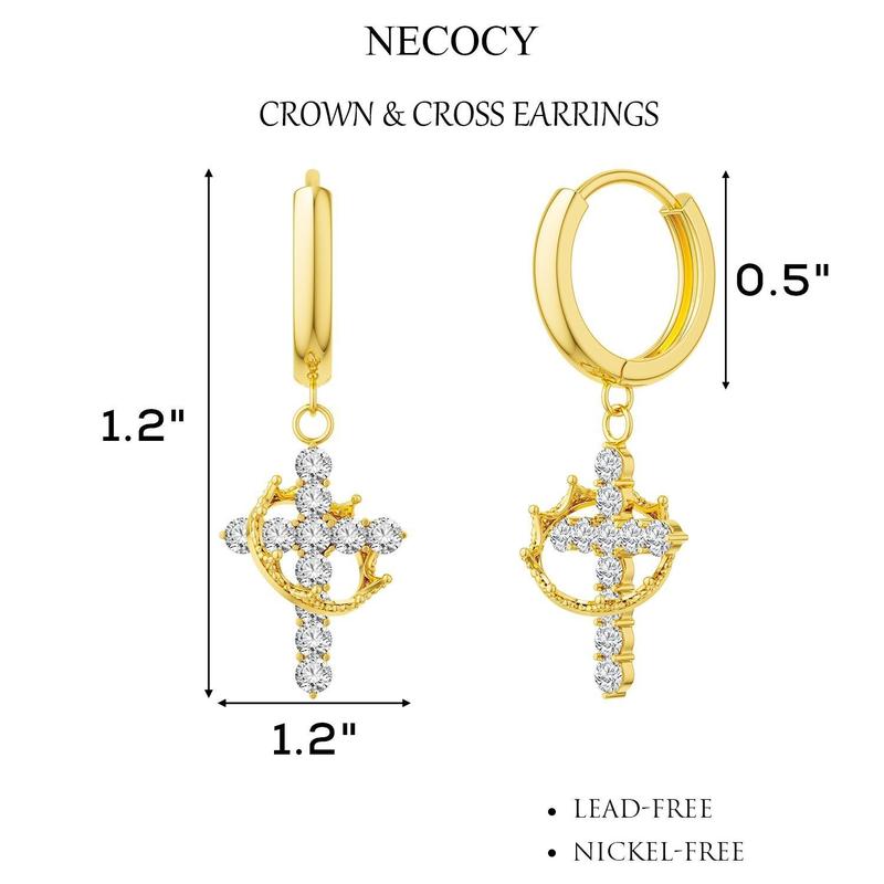 Fashionable Gold Crown Cross Pendant Earrings for Women with Diamond-like Sparkling Zircon