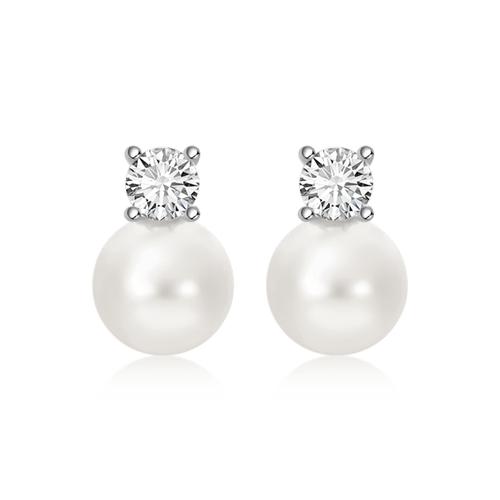 Silver 10-12mm Classic Pearl Stud Earrings with Diamond-like Sparkling Zircon