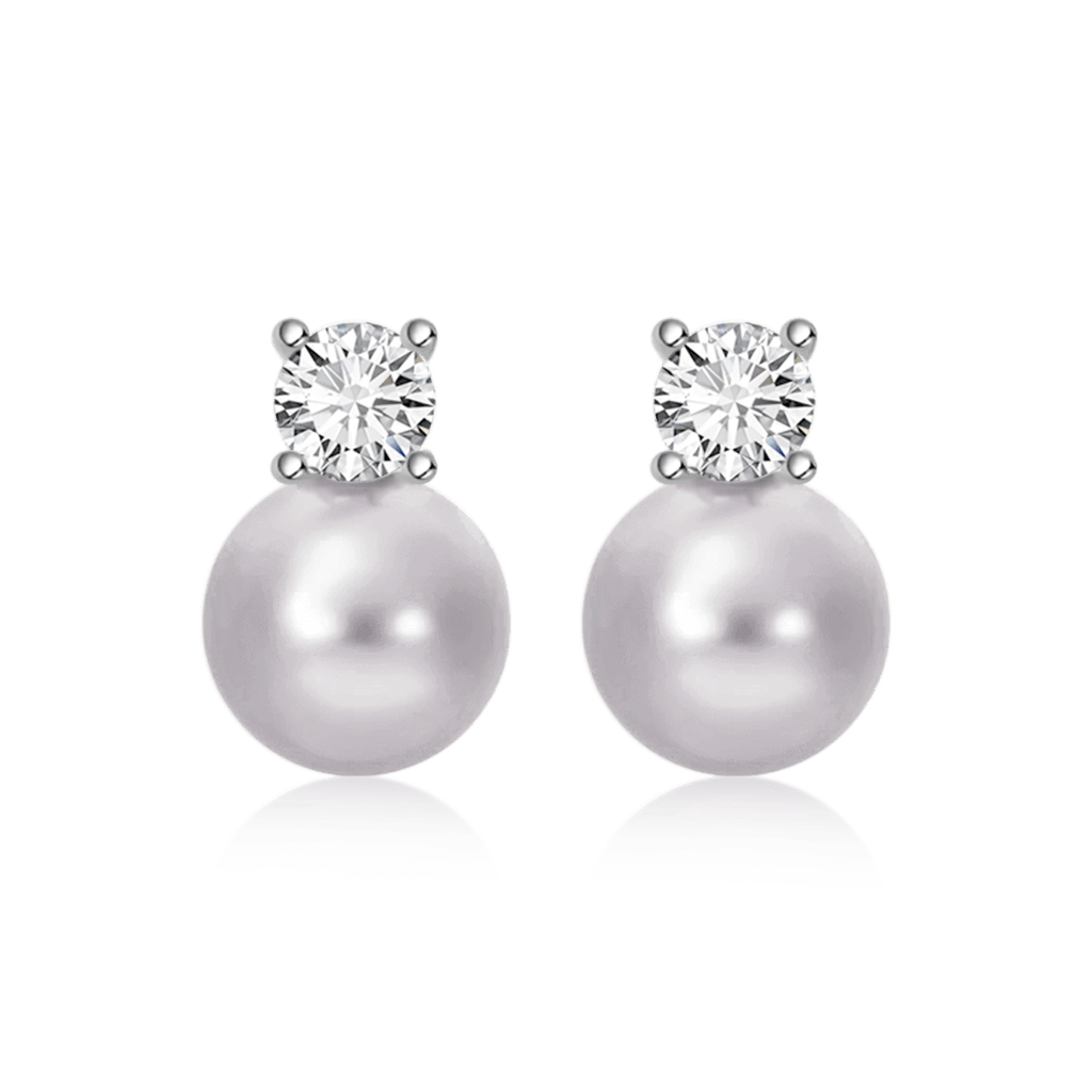 Silver 10-12mm Classic Pearl Stud Earrings with Diamond-like Sparkling Zircon