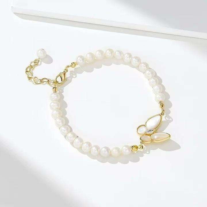Elegant Mother-of-Pearl Butterfly 8mm Freshwater Pearl Bracelet