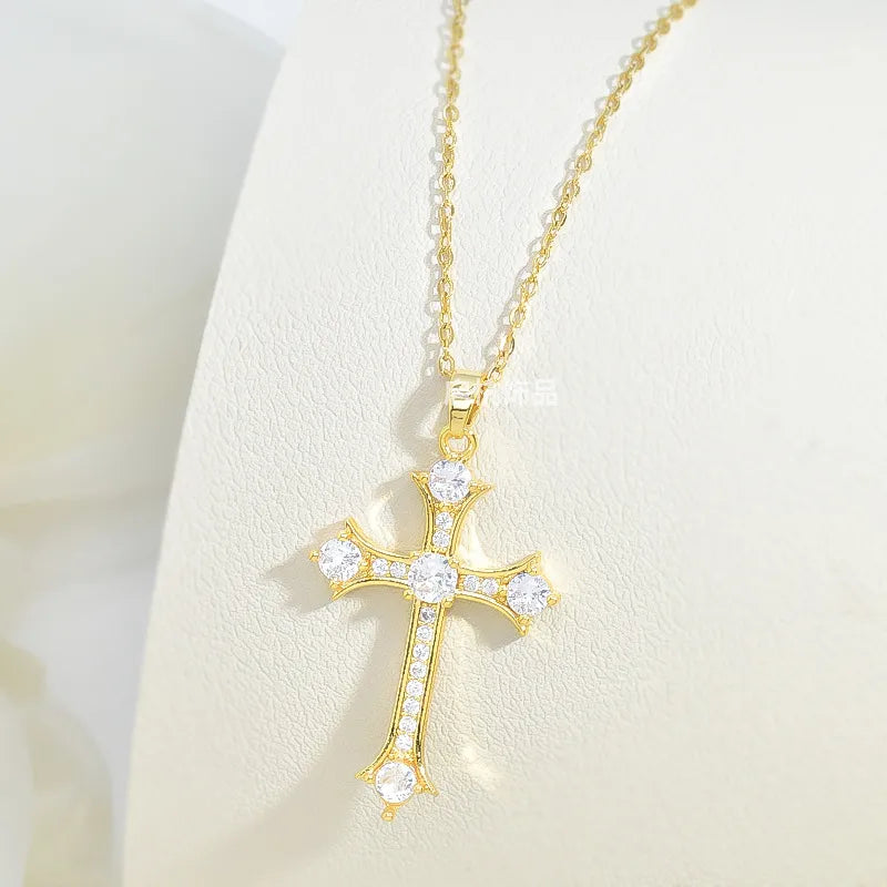 Gold Cross Pendant Necklace with Diamond-like Sparkling Zircon