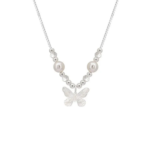 Silver Butterfly Pearl Pendant Necklace โ Light Luxury Fashion Birthday Gift