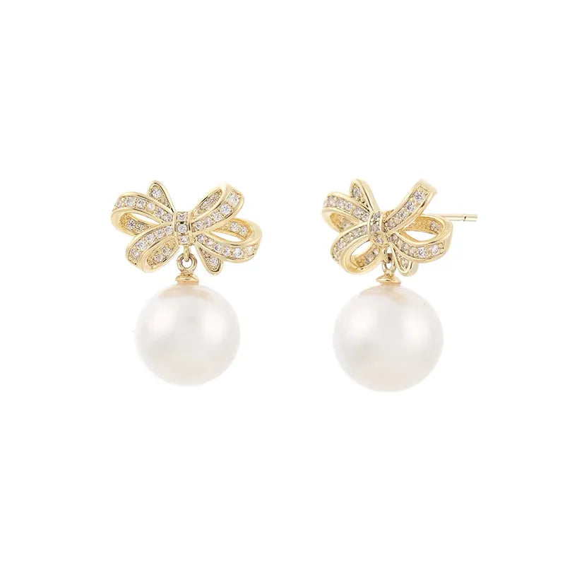 Gold 10mm Freshwater Pearl Bowknot Light Luxury Fashion Earrings with Diamond-like Sparkling Zircon