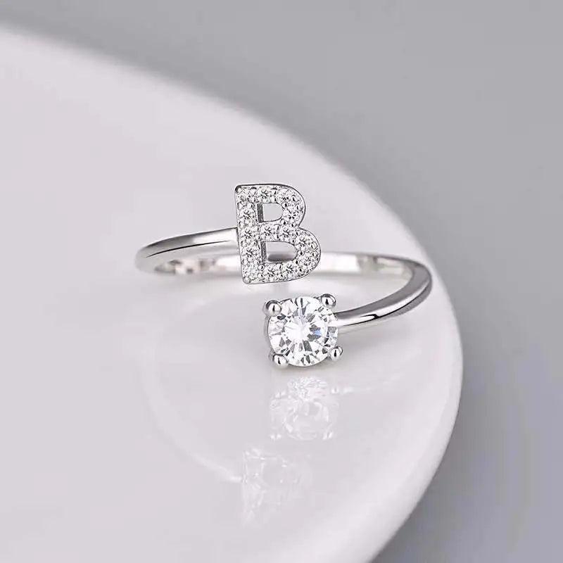 26 Letters Silver Fashionable Couple's Open Ring with Zircon