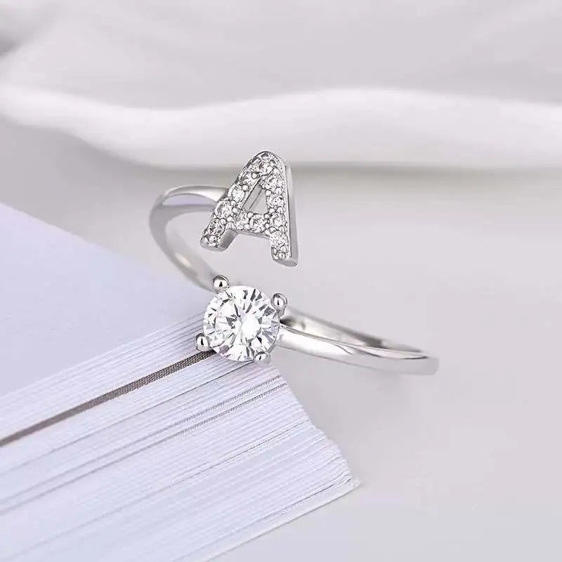 26 Letters Silver Fashionable Couple's Open Ring with Zircon