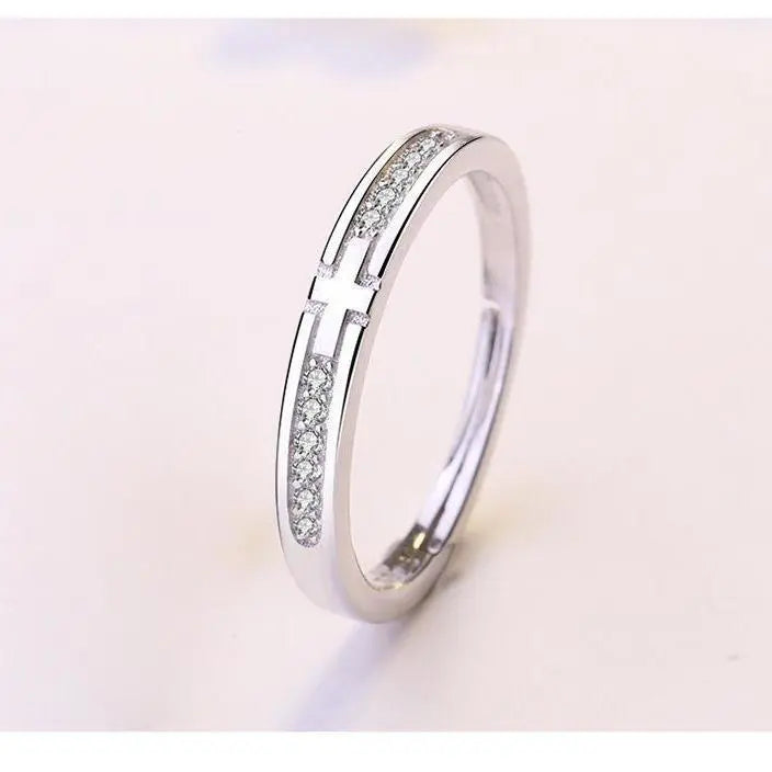 Silver Cross Minimalist Fashion Couple Ring with Diamond-like Sparkling Zircon
