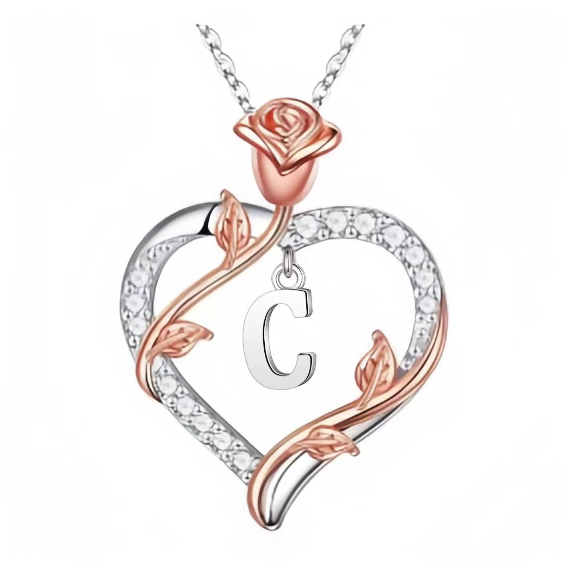 Silver Personalized Rose Letter Heart Pendant Necklace with Diamond-like Sparkling Zircon