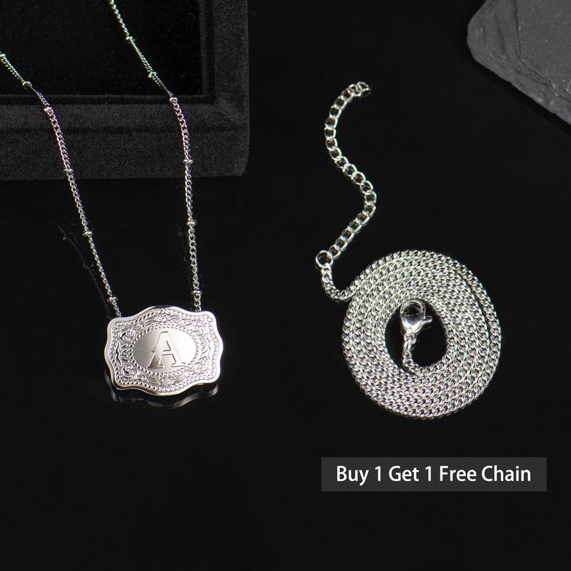 Luminacore Initial Letter Pendant Necklace with Embossed Belt Buckle, 2 Chains Included, Rhodium-Plated, Tarnish-Resistant, 18" Extender Length