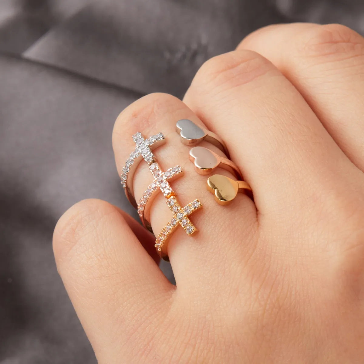 Gold, Silver, and Rose Gold Cross and Heart Open Ring with Diamond-like Sparkling Zircon