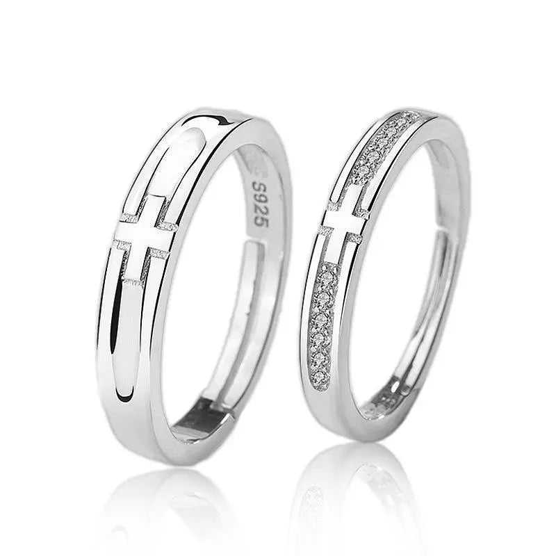 Silver Cross Minimalist Fashion Couple Ring with Diamond-like Sparkling Zircon