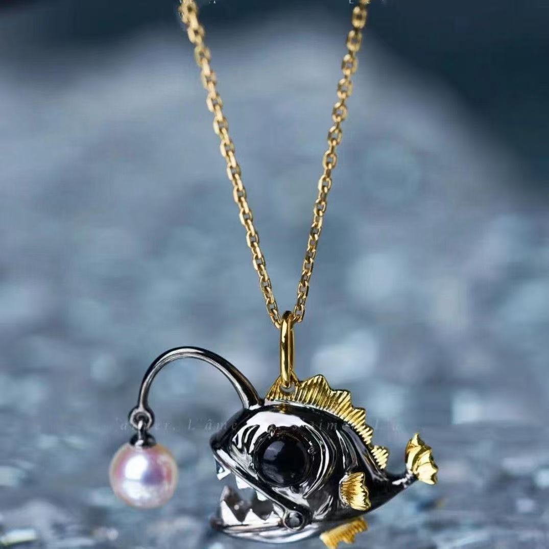 Silver Anglerfish Pendant Necklace with 6mm Freshwater Pearl