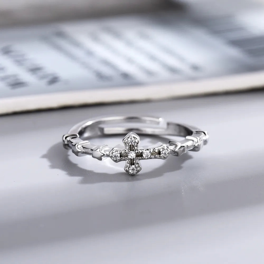 Women's Silver Cross Minimalist Fashion Ring with Diamond-like Sparkling Zircon