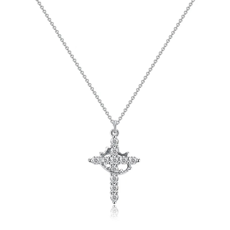 Gold and White Cross Rotating Crown Pendant Necklace with Full Diamond-Zircon Design