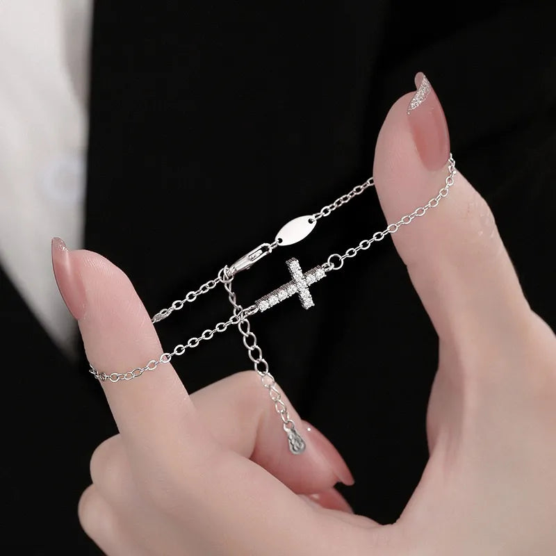 Silver Cross Bracelet with Diamond-like Zircon Stones