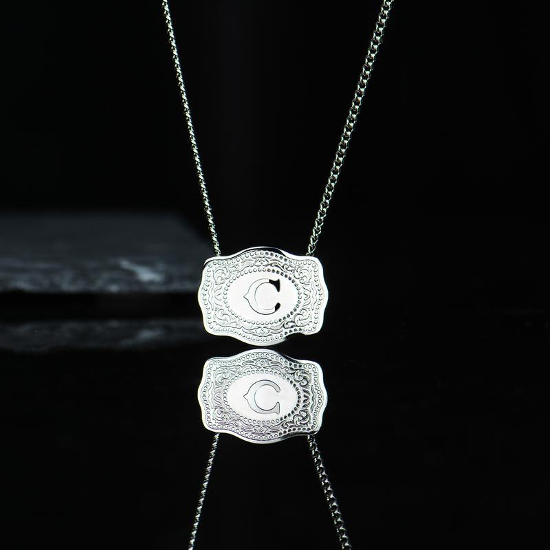 Luminacore Initial Letter Pendant Necklace with Embossed Belt Buckle, 2 Chains Included, Rhodium-Plated, Tarnish-Resistant, 18" Extender Length