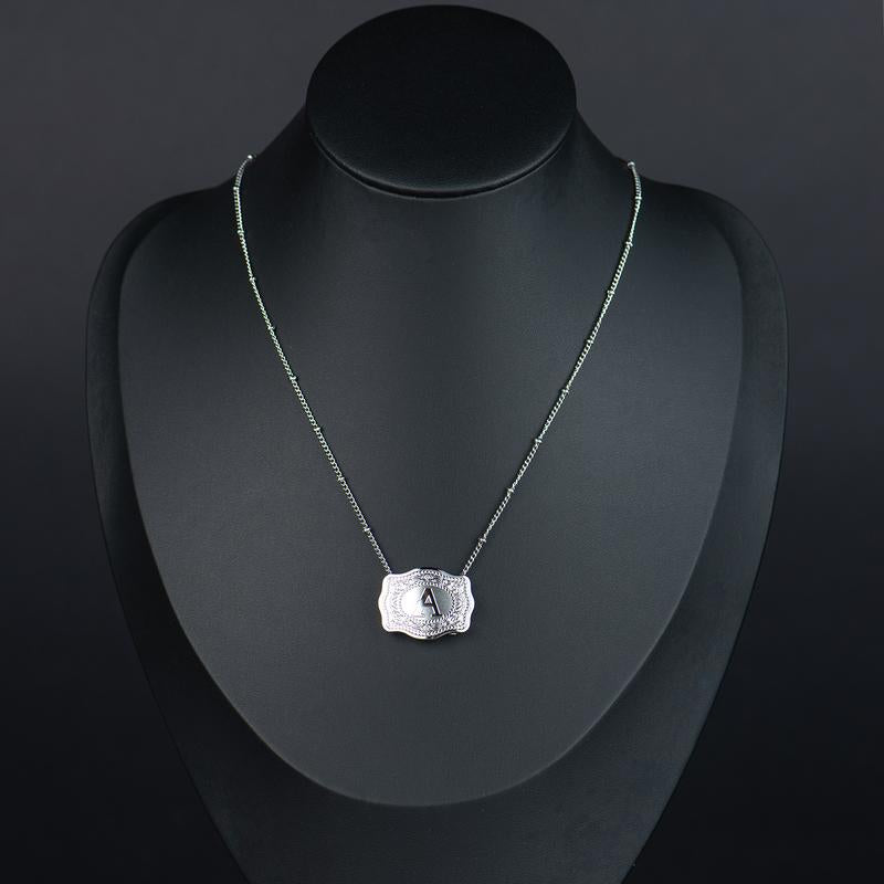 Luminacore Initial Letter Pendant Necklace with Embossed Belt Buckle, 2 Chains Included, Rhodium-Plated, Tarnish-Resistant, 18" Extender Length