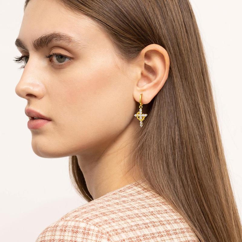 Fashionable Gold Crown Cross Pendant Earrings for Women with Diamond-like Sparkling Zircon