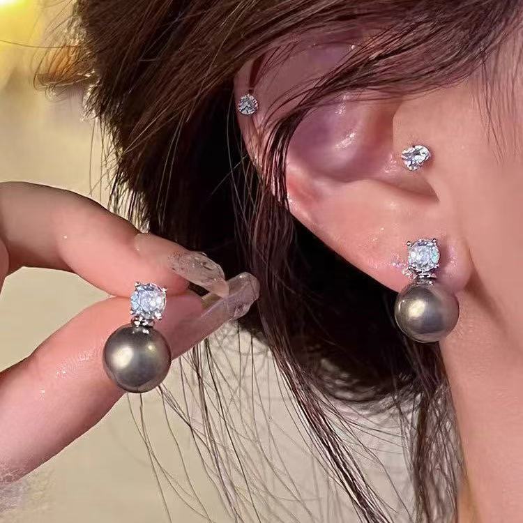 Silver 10-12mm Classic Pearl Stud Earrings with Diamond-like Sparkling Zircon