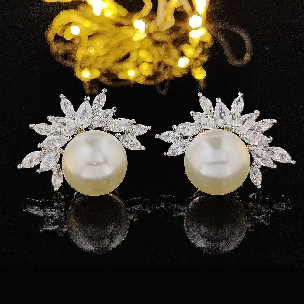Silver 6mm Round Pearl Versatile Leaf Design Earrings with Diamond-like Sparkling Zircon