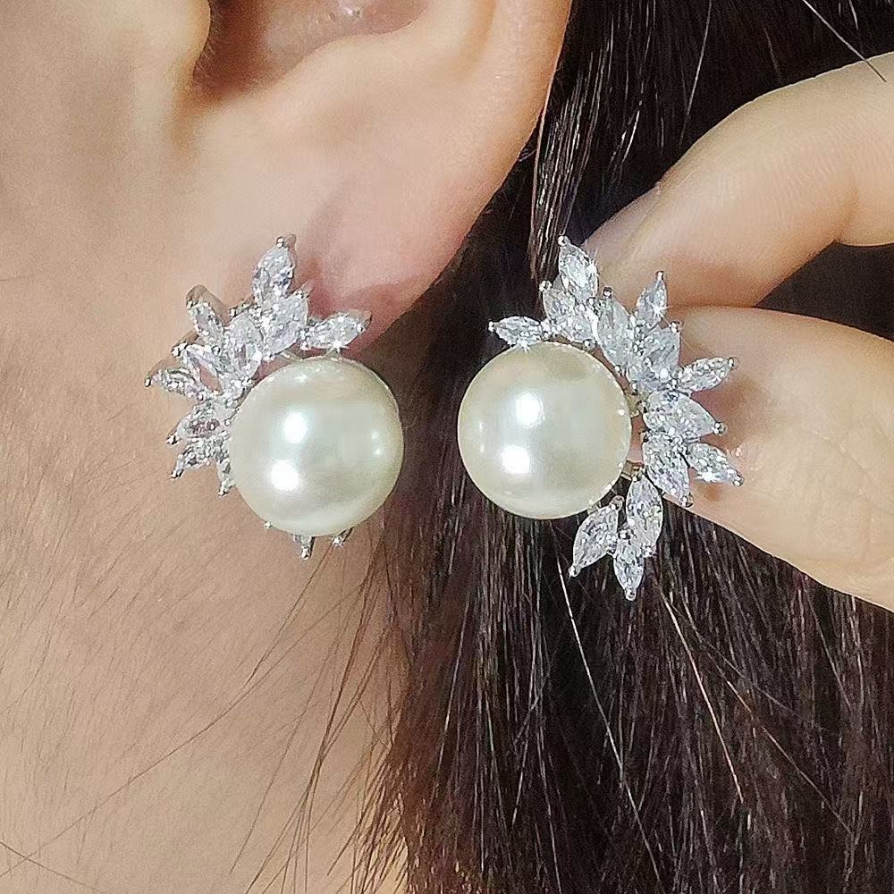 Silver 6mm Round Pearl Versatile Leaf Design Earrings with Diamond-like Sparkling Zircon