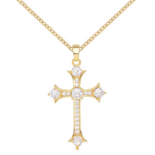 Gold Cross Pendant Necklace with Diamond-like Sparkling Zircon
