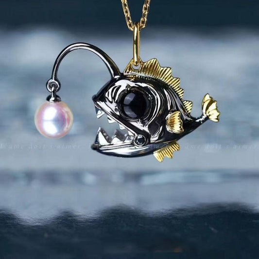 Silver Anglerfish Pendant Necklace with 6mm Freshwater Pearl