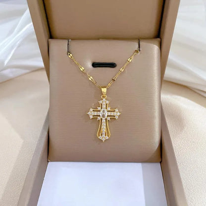 Gold Cross Fashion Pendant Necklace with Diamond-like Sparkling Zircon
