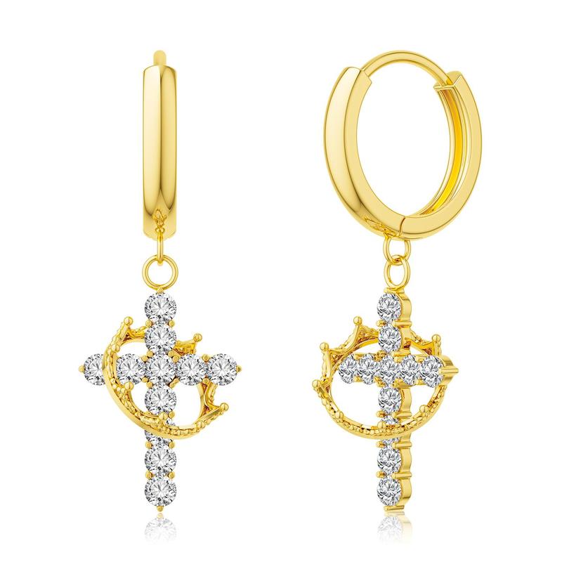 Fashionable Gold Crown Cross Pendant Earrings for Women with Diamond-like Sparkling Zircon
