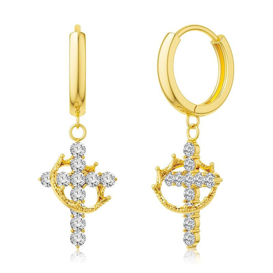Fashionable Gold Crown Cross Pendant Earrings for Women with Diamond-like Sparkling Zircon