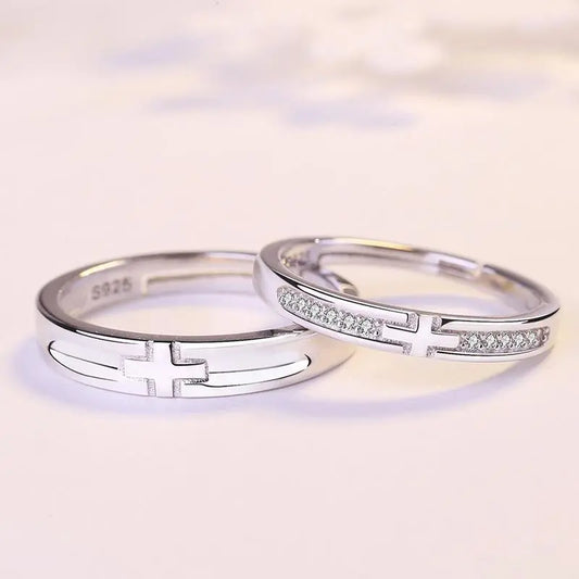 Silver Cross Minimalist Fashion Couple Ring with Diamond-like Sparkling Zircon