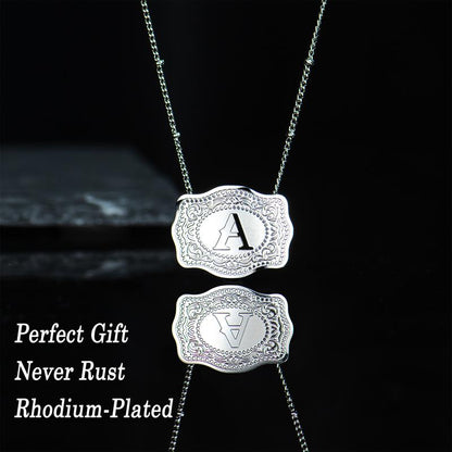 Luminacore Initial Letter Pendant Necklace with Embossed Belt Buckle, 2 Chains Included, Rhodium-Plated, Tarnish-Resistant, 18" Extender Length
